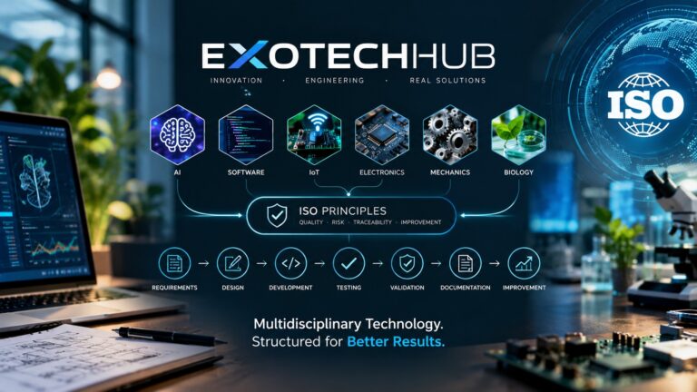 ExotechHub multidisciplinary technology and ISO principles workflow showing AI, software, IoT, electronics, mechanics, and biology with quality, risk, traceability, and continuous improvement.