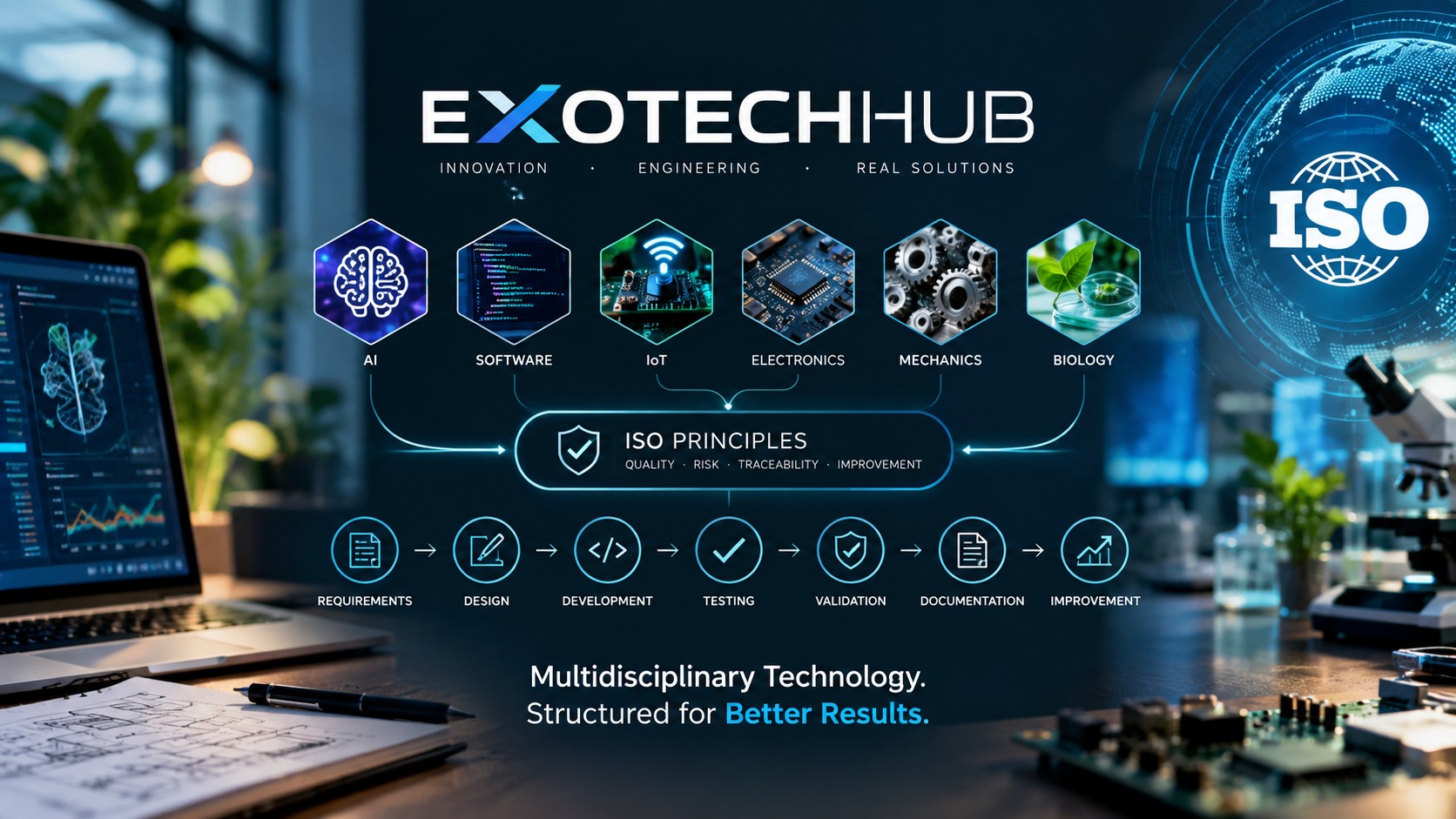 ExotechHub multidisciplinary technology and ISO principles workflow showing AI, software, IoT, electronics, mechanics, and biology with quality, risk, traceability, and continuous improvement.